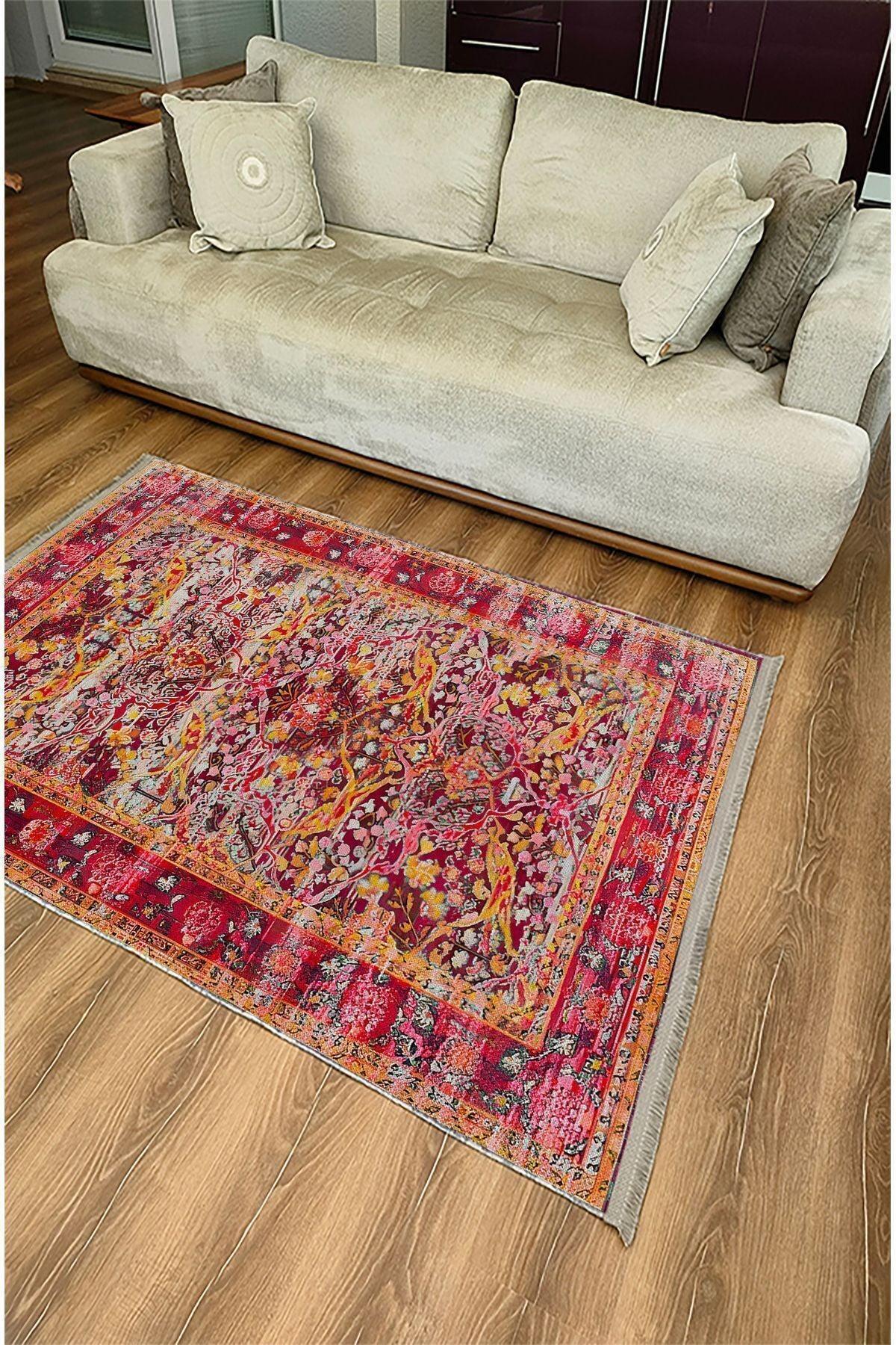 Halı Vagonu 93 Fuşya Tonlarında Klasık Dekoratif Kilim Salon Halısı Saçaklı Yıkanabilen Halı - HALI VAGONU