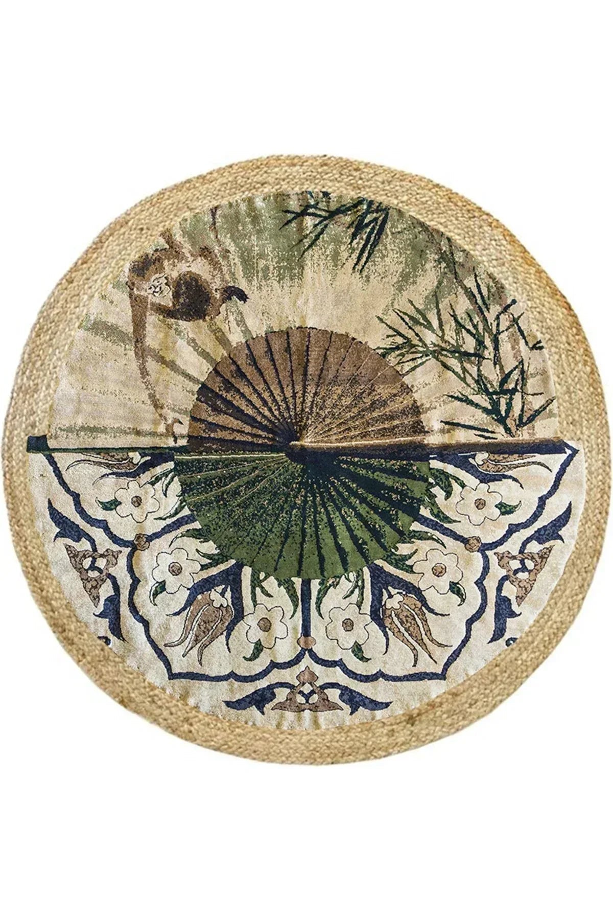 Halı Vagonu Boho 901 Doğa Ve Botanik Desenli Etnik Örgü Yuvarlak Natural Renk Çift Taraflı Halı - HALI VAGONU