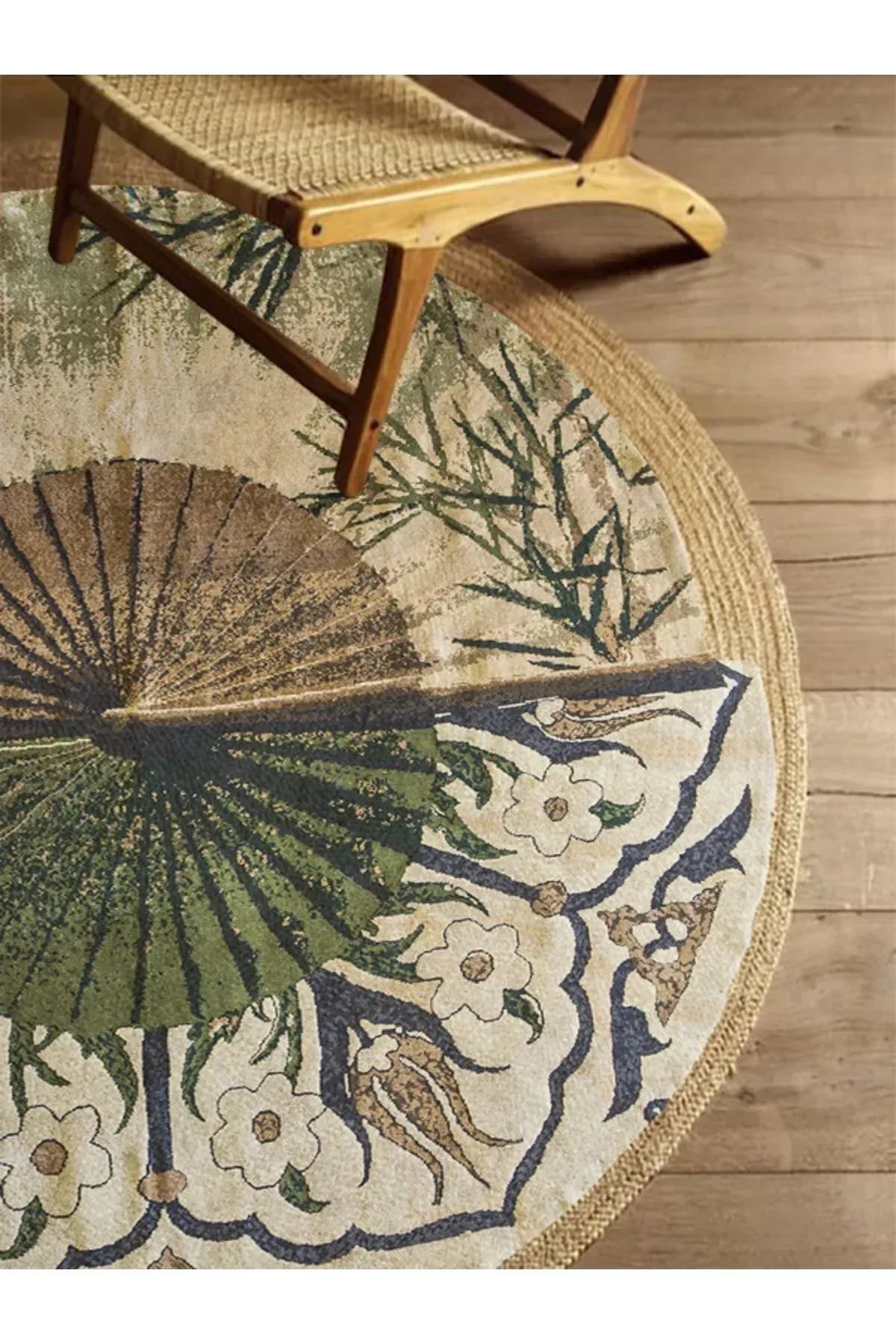Halı Vagonu Boho 901 Doğa Ve Botanik Desenli Etnik Örgü Yuvarlak Natural Renk Çift Taraflı Halı - HALI VAGONU