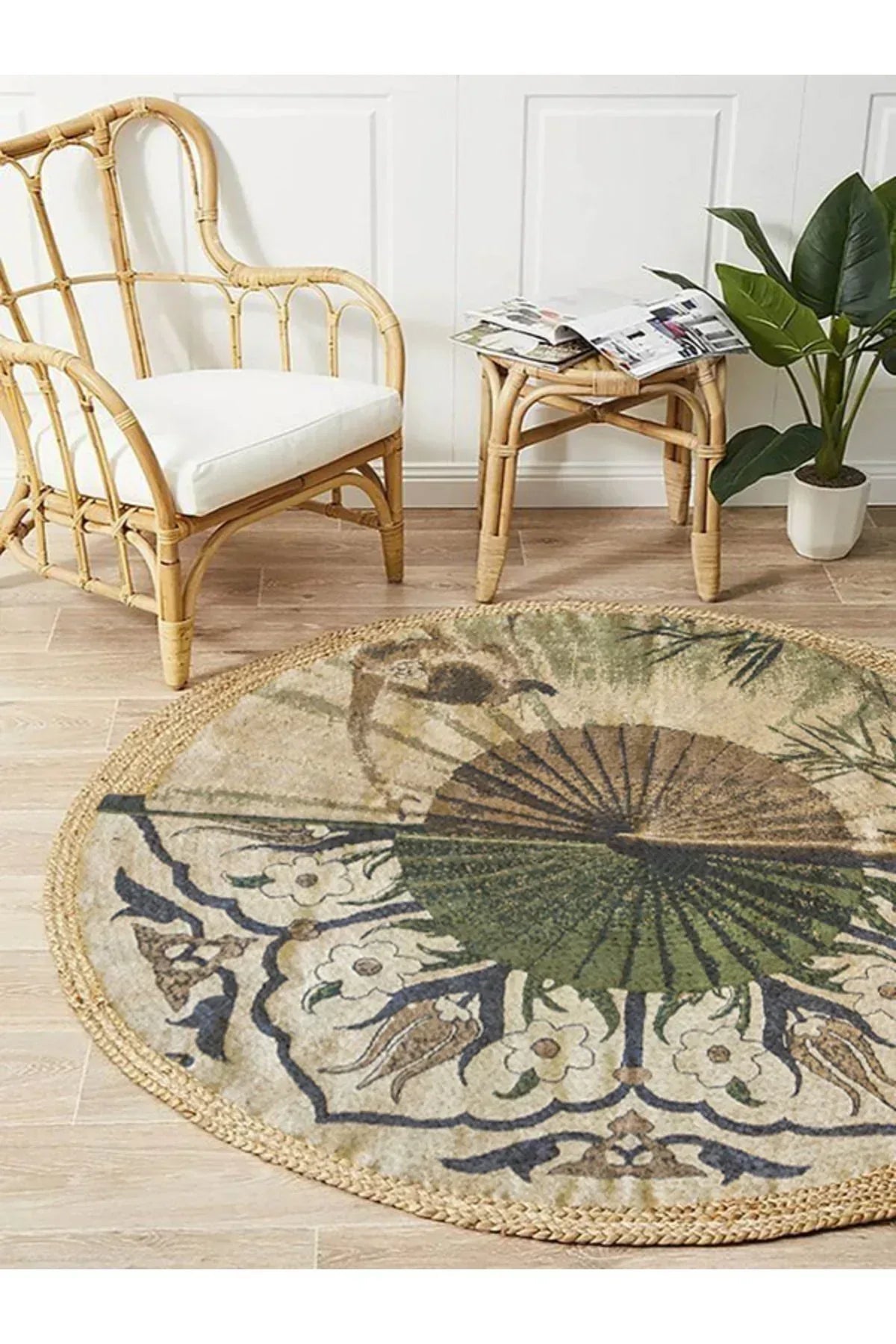 Halı Vagonu Boho 901 Doğa Ve Botanik Desenli Etnik Örgü Yuvarlak Natural Renk Çift Taraflı Halı - HALI VAGONU