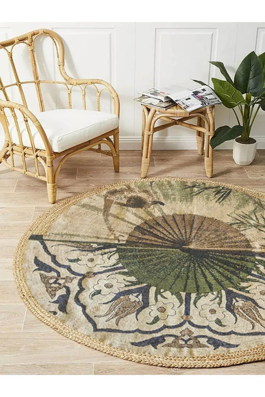 Halı Vagonu Boho 901 Doğa Ve Botanik Desenli Etnik Örgü Yuvarlak Natural Renk Çift Taraflı Halı - HALI VAGONU