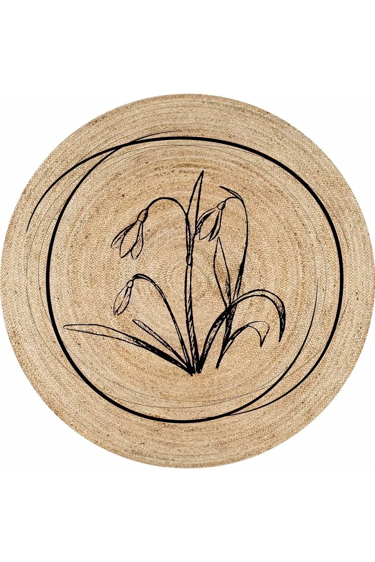 Halı Vagonu Boho 902 Jüt Görünümlü Çiçek Desenli Yuvarlak Natural Renk Çift Taraflı Halı - HALI VAGONU