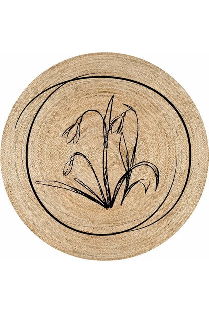 Halı Vagonu Boho 902 Jüt Görünümlü Çiçek Desenli Yuvarlak Natural Renk Çift Taraflı Halı - HALI VAGONU