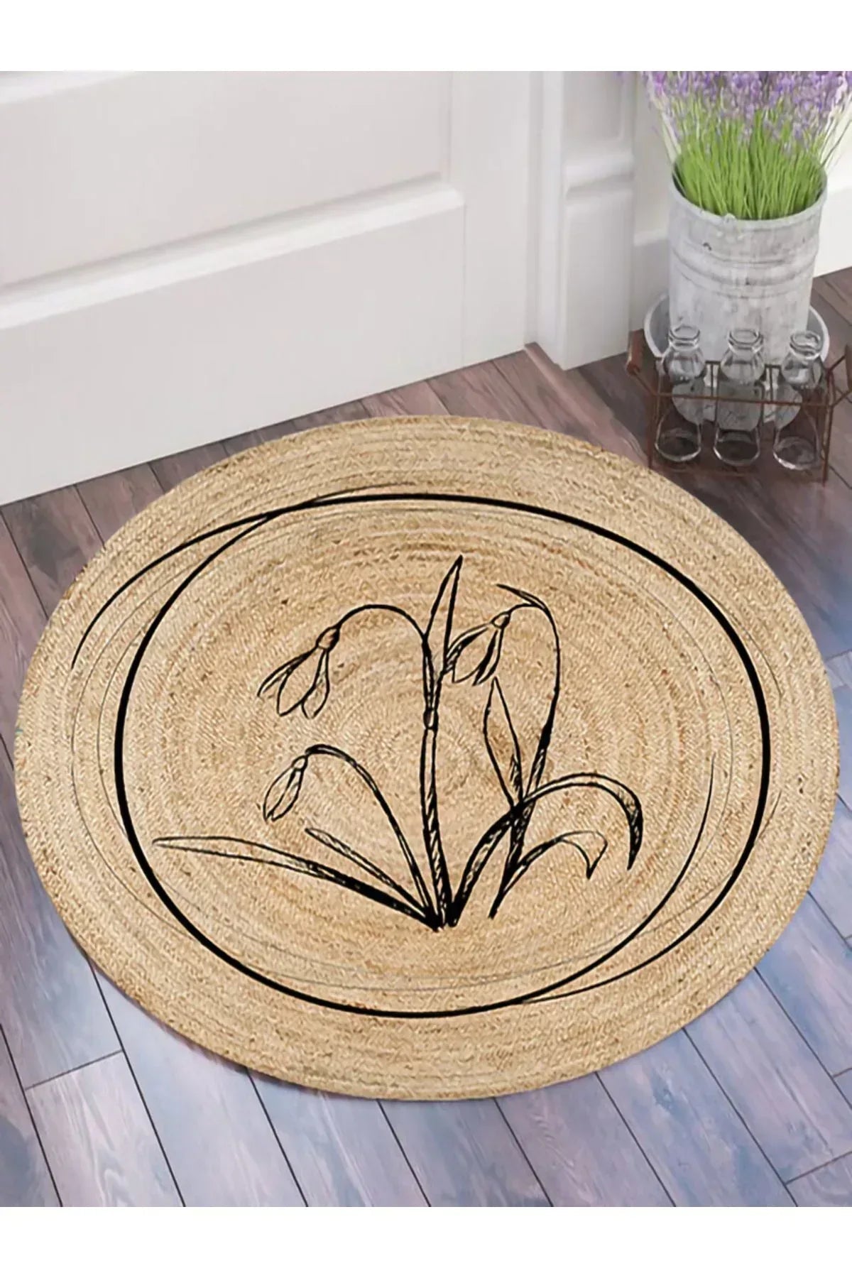 Halı Vagonu Boho 902 Jüt Görünümlü Çiçek Desenli Yuvarlak Natural Renk Çift Taraflı Halı - HALI VAGONU