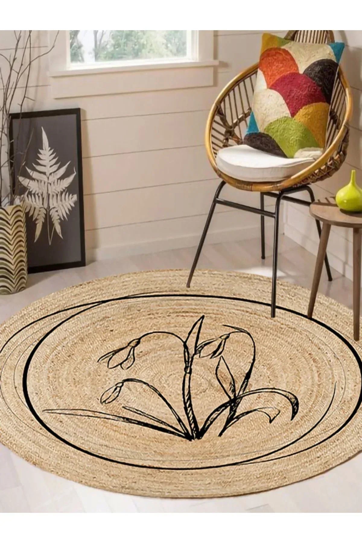 Halı Vagonu Boho 902 Jüt Görünümlü Çiçek Desenli Yuvarlak Natural Renk Çift Taraflı Halı - HALI VAGONU