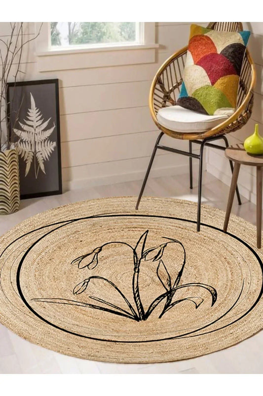 Halı Vagonu Boho 902 Jüt Görünümlü Çiçek Desenli Yuvarlak Natural Renk Çift Taraflı Halı - HALI VAGONU