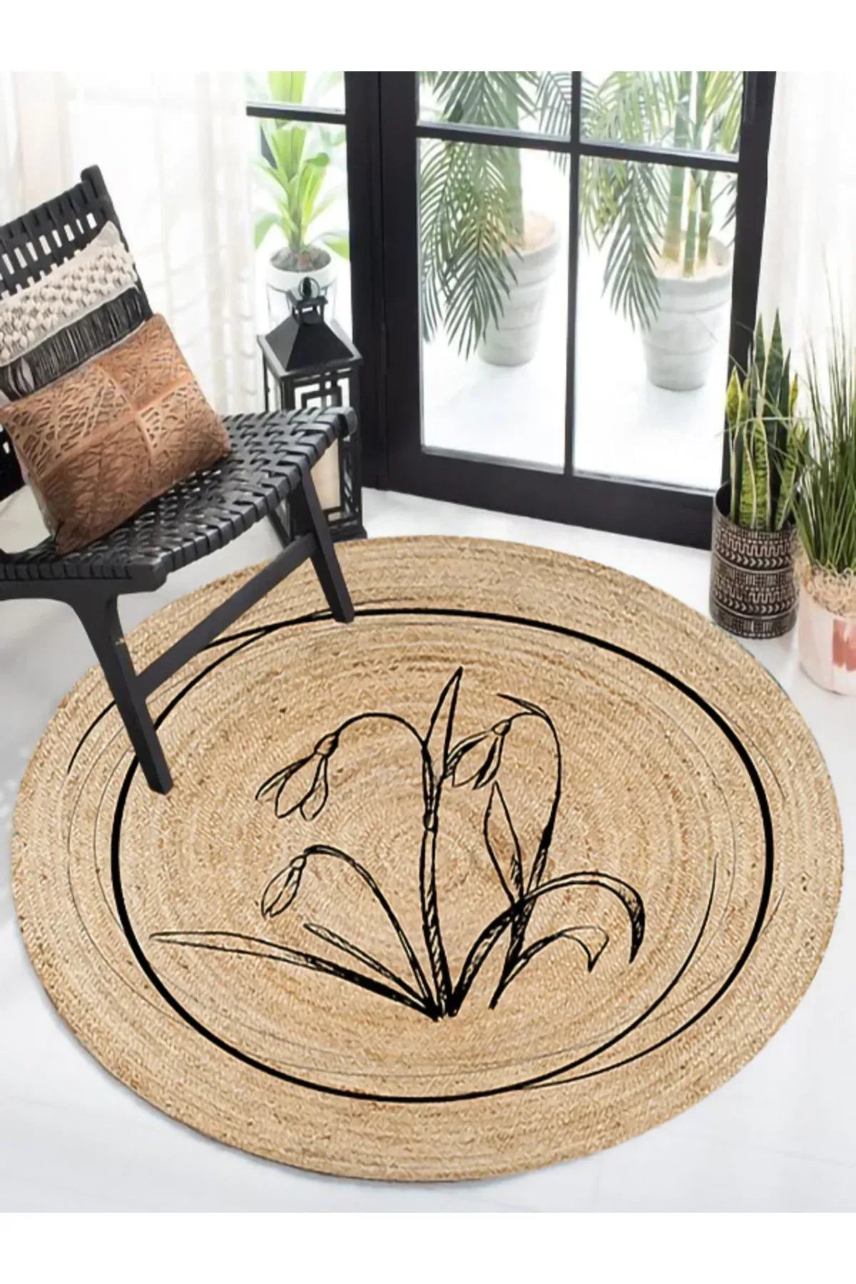 Halı Vagonu Boho 902 Jüt Görünümlü Çiçek Desenli Yuvarlak Natural Renk Çift Taraflı Halı - HALI VAGONU