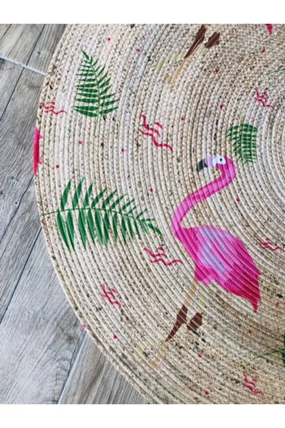 Halı Vagonu Flamingolar Yuvarlak Jüt Örme Hasır Halı/Kilim HV - JH - 03 - HALI VAGONU
