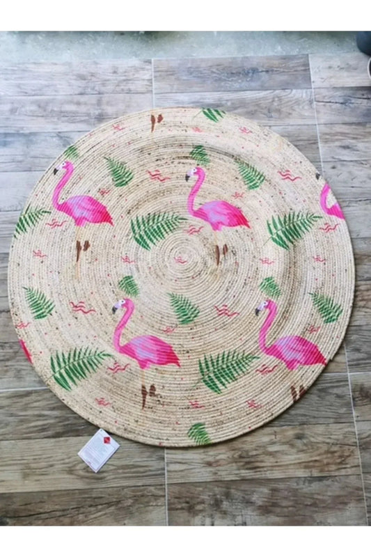 Halı Vagonu Flamingolar Yuvarlak Jüt Örme Hasır Halı/Kilim HV - JH - 03 - HALI VAGONU