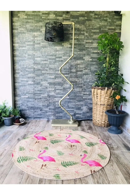 Halı Vagonu Flamingolar Yuvarlak Jüt Örme Hasır Halı/Kilim HV - JH - 03 - HALI VAGONU