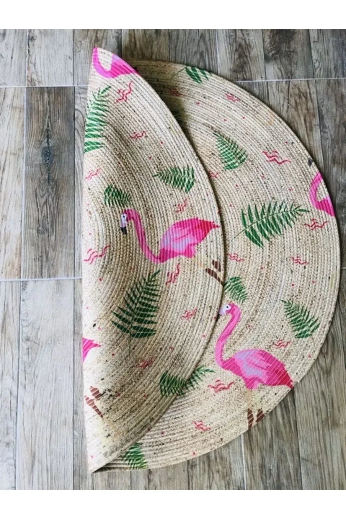 Halı Vagonu Flamingolar Yuvarlak Jüt Örme Hasır Halı/Kilim HV - JH - 03 - HALI VAGONU