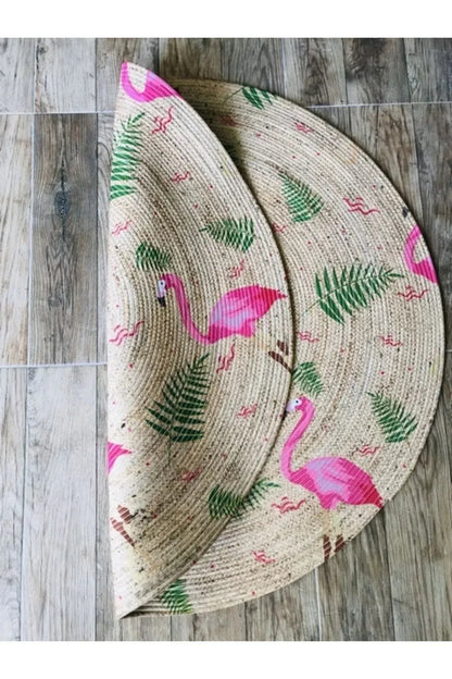 Halı Vagonu Flamingolar Yuvarlak Jüt Örme Hasır Halı/Kilim HV - JH - 03 - HALI VAGONU