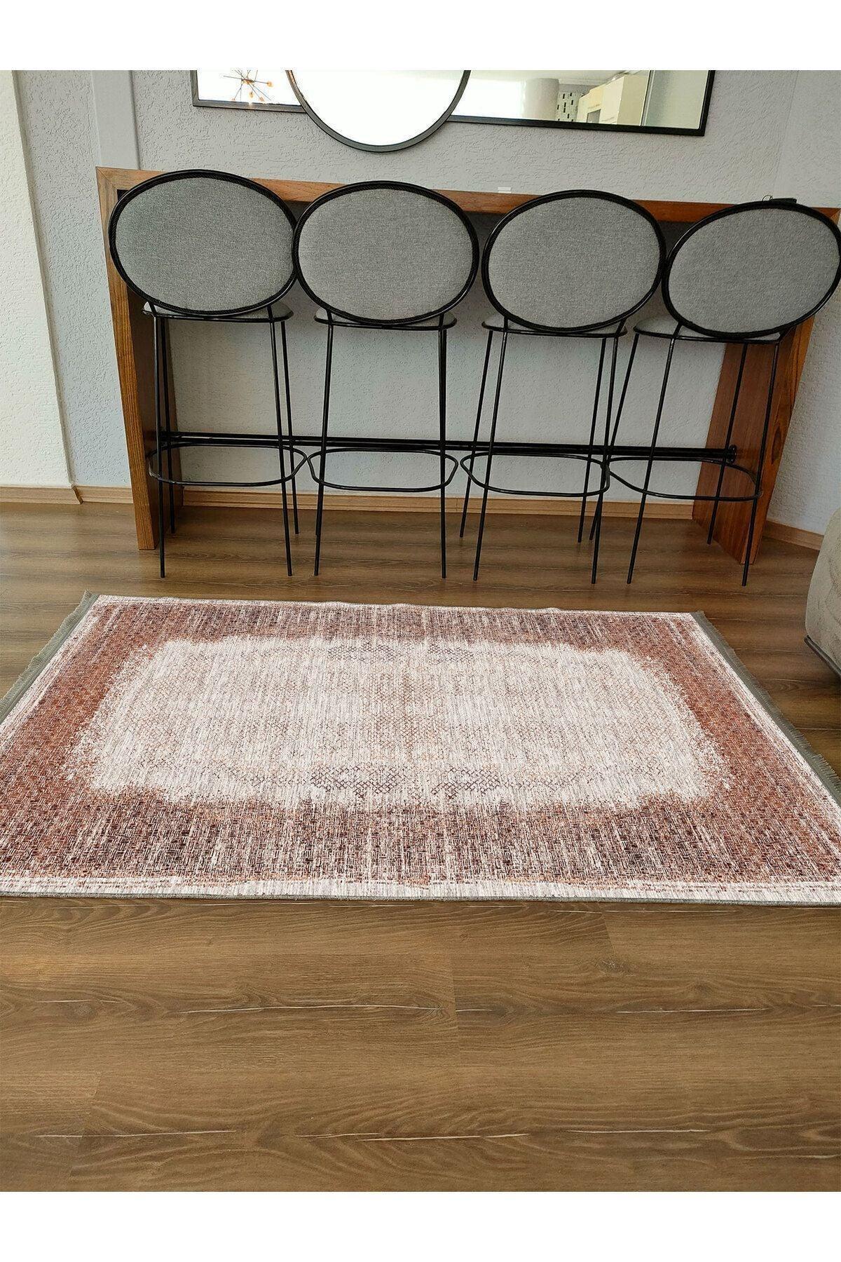 Halı Vagonu Halı 2096 Kahve Tonunda Geometrik Kilim Salon Halısı Saçaklı Yıkanabilen Halı - HALI VAGONU