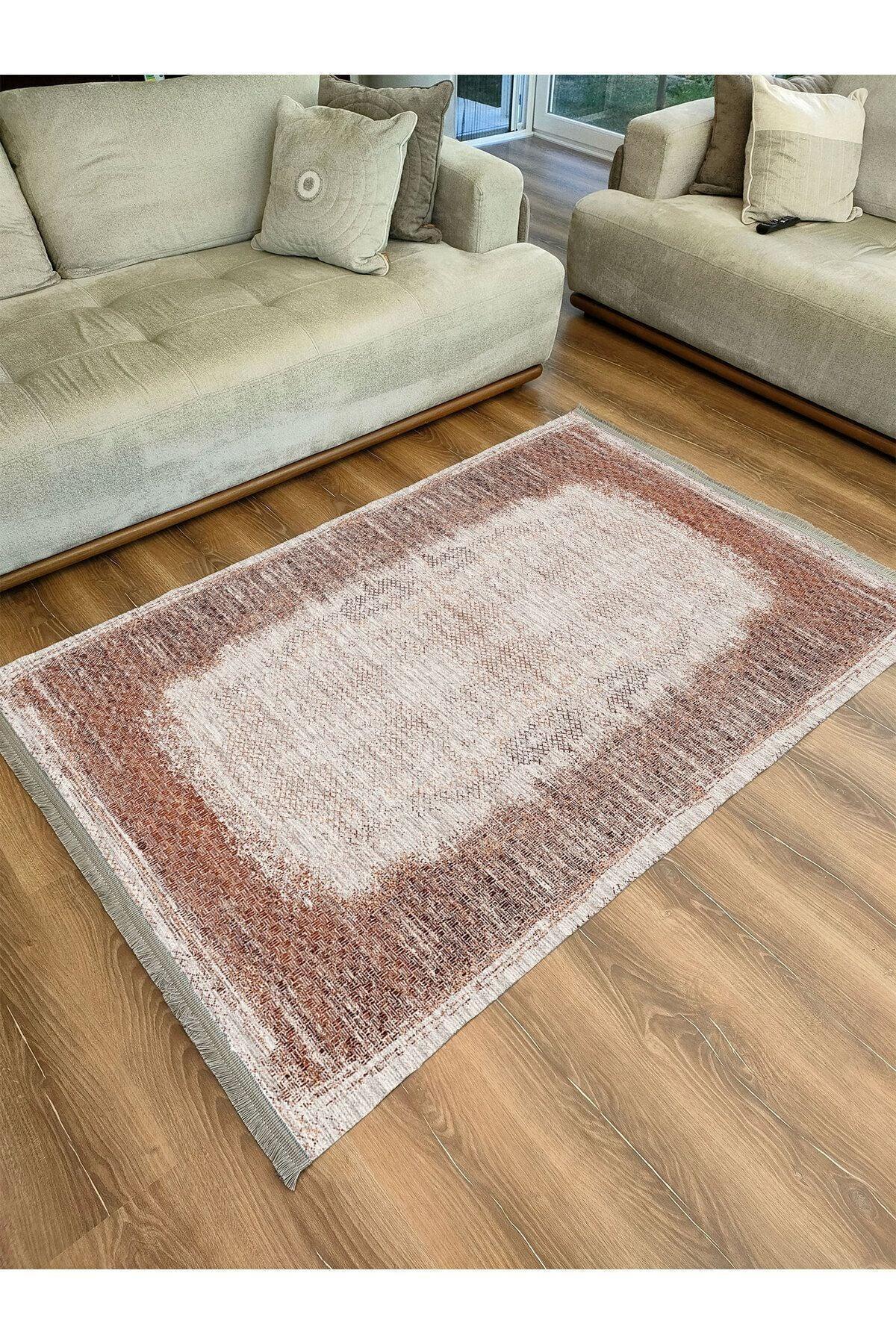 Halı Vagonu Halı 2096 Kahve Tonunda Geometrik Kilim Salon Halısı Saçaklı Yıkanabilen Halı - HALI VAGONU