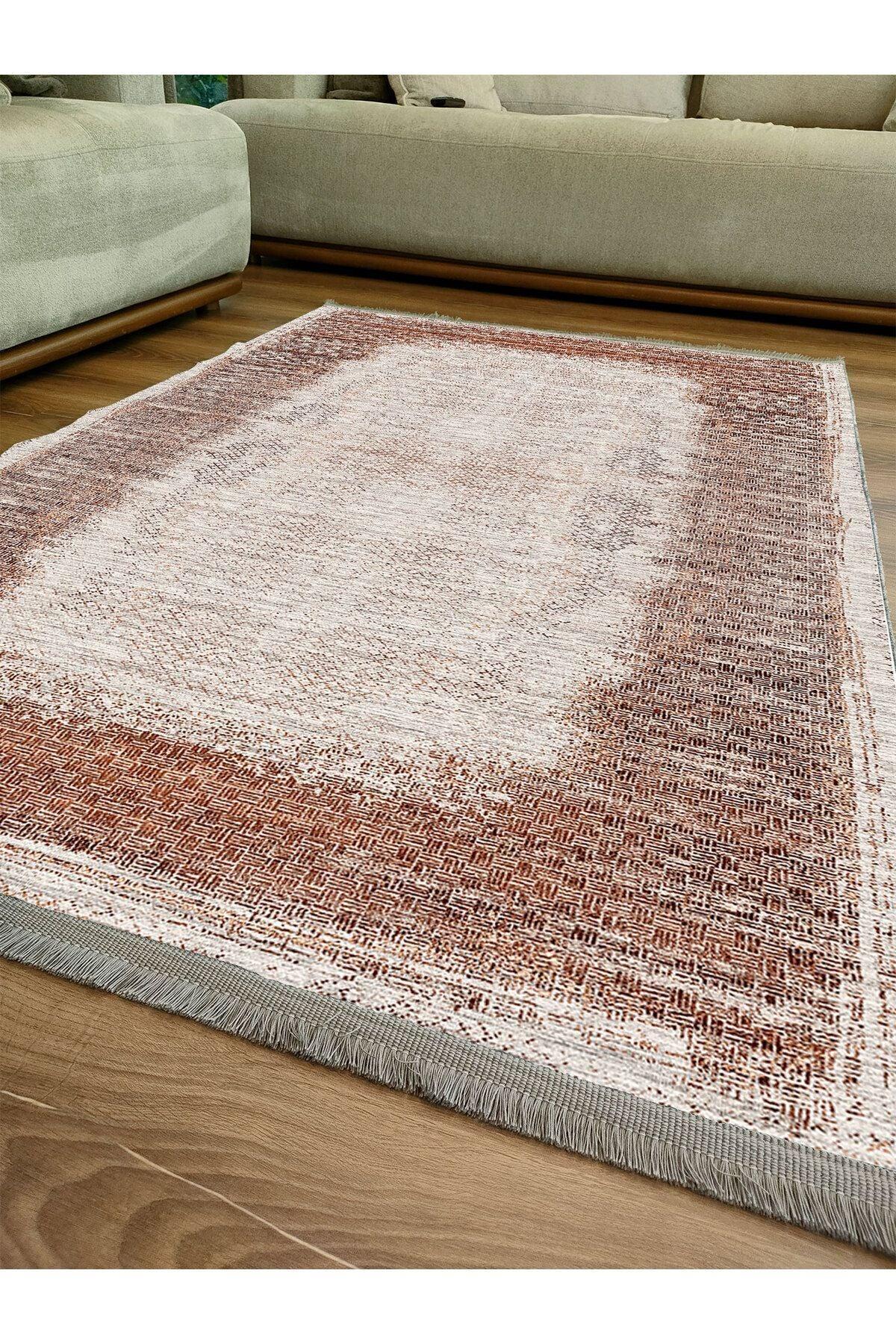 Halı Vagonu Halı 2096 Kahve Tonunda Geometrik Kilim Salon Halısı Saçaklı Yıkanabilen Halı - HALI VAGONU