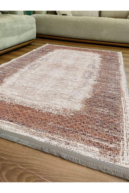 Halı Vagonu Halı 2096 Kahve Tonunda Geometrik Kilim Salon Halısı Saçaklı Yıkanabilen Halı - HALI VAGONU