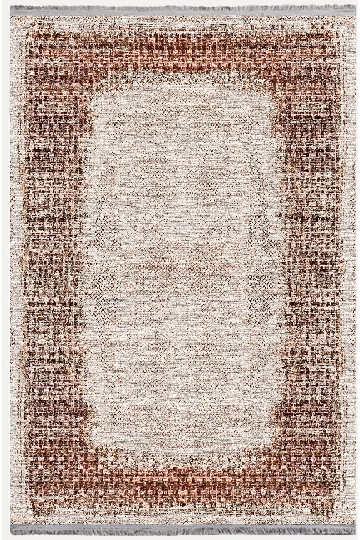 Halı Vagonu Halı 2096 Kahve Tonunda Geometrik Kilim Salon Halısı Saçaklı Yıkanabilen Halı - HALI VAGONU