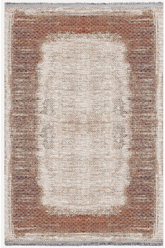 Halı Vagonu Halı 2096 Kahve Tonunda Geometrik Kilim Salon Halısı Saçaklı Yıkanabilen Halı - HALI VAGONU