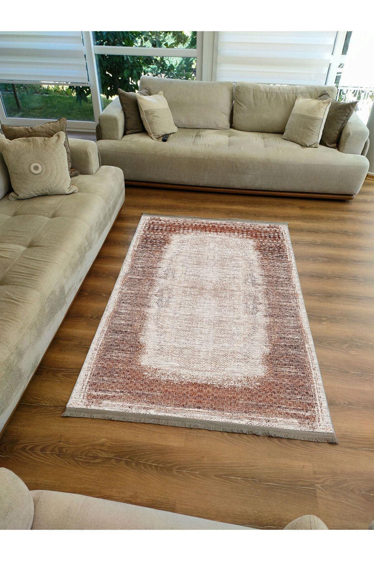 Halı Vagonu Halı 2096 Kahve Tonunda Geometrik Kilim Salon Halısı Saçaklı Yıkanabilen Halı - HALI VAGONU