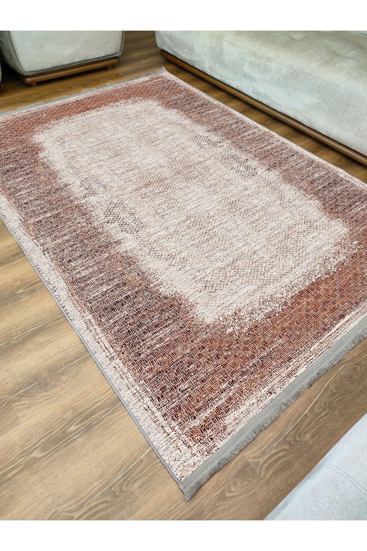 Halı Vagonu Halı 2096 Kahve Tonunda Geometrik Kilim Salon Halısı Saçaklı Yıkanabilen Halı - HALI VAGONU