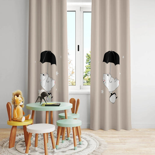 Halı Vagonu HV141 Şemsiyeli Sevimli Ayı Penguen Desenli Çocuk Odası Kadife Kumaş Fon Perde - HALI VAGONU