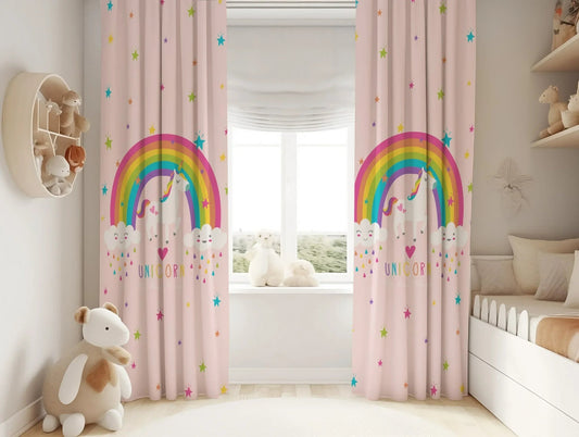 Halı Vagonu HV336P Unicorn Pembe Desen Çocuk Odası Kadife Kumaş Fon Perde - HALI VAGONU