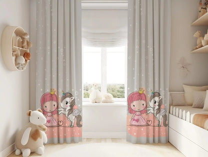 Halı Vagonu HV348 Pony Unicorn Prenses Desen Çocuk Odası Kadife Kumaş Fon Perde - HALI VAGONU