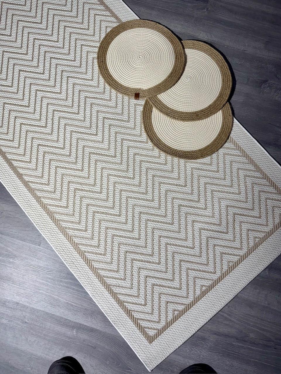 Halı Vagonu JS9717 Jüt Sisal Halı - Zigzaglı Krem Bej, Kaymaz Taban, Hav Yapmaz, Dayanıklı - HALI VAGONU