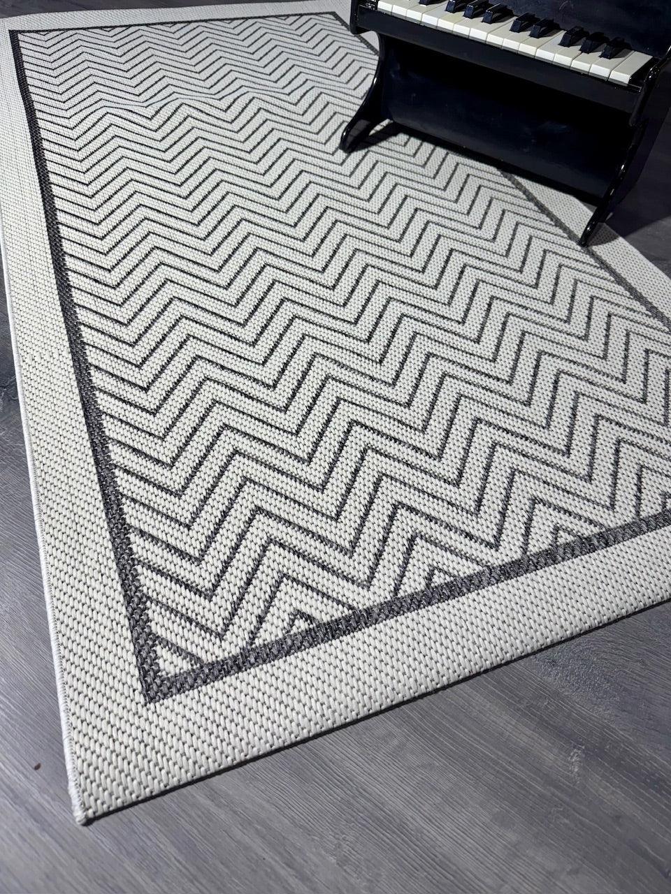 Halı Vagonu JS9718 Jüt Sisal Halı - Zigzaglı Antrasit Beyaz, Kaymaz Taban, Dayanıklı - HALI VAGONU