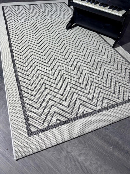 Halı Vagonu JS9718 Jüt Sisal Halı - Zigzaglı Antrasit Beyaz, Kaymaz Taban, Dayanıklı - HALI VAGONU