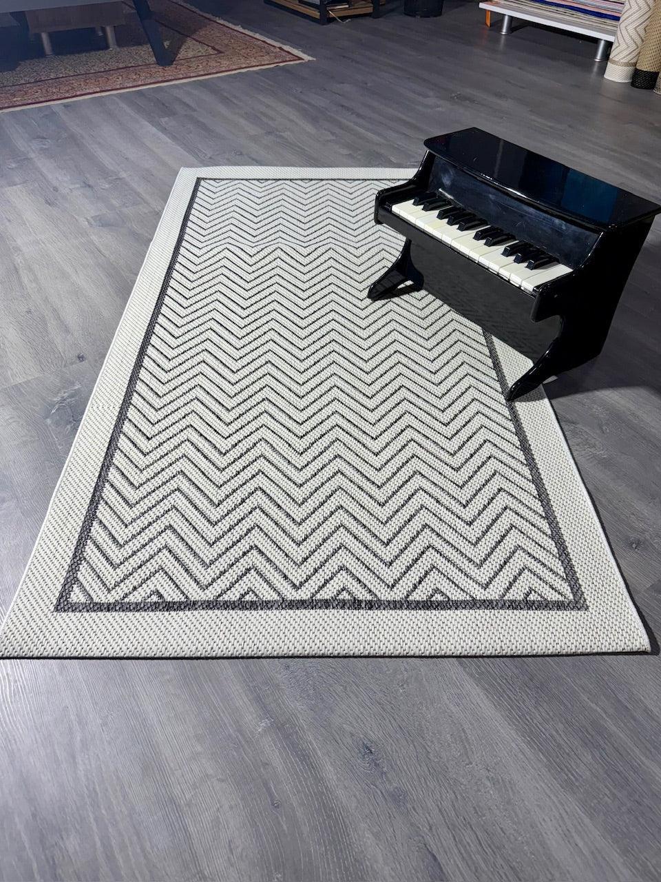 Halı Vagonu JS9718 Jüt Sisal Halı - Zigzaglı Antrasit Beyaz, Kaymaz Taban, Dayanıklı - HALI VAGONU