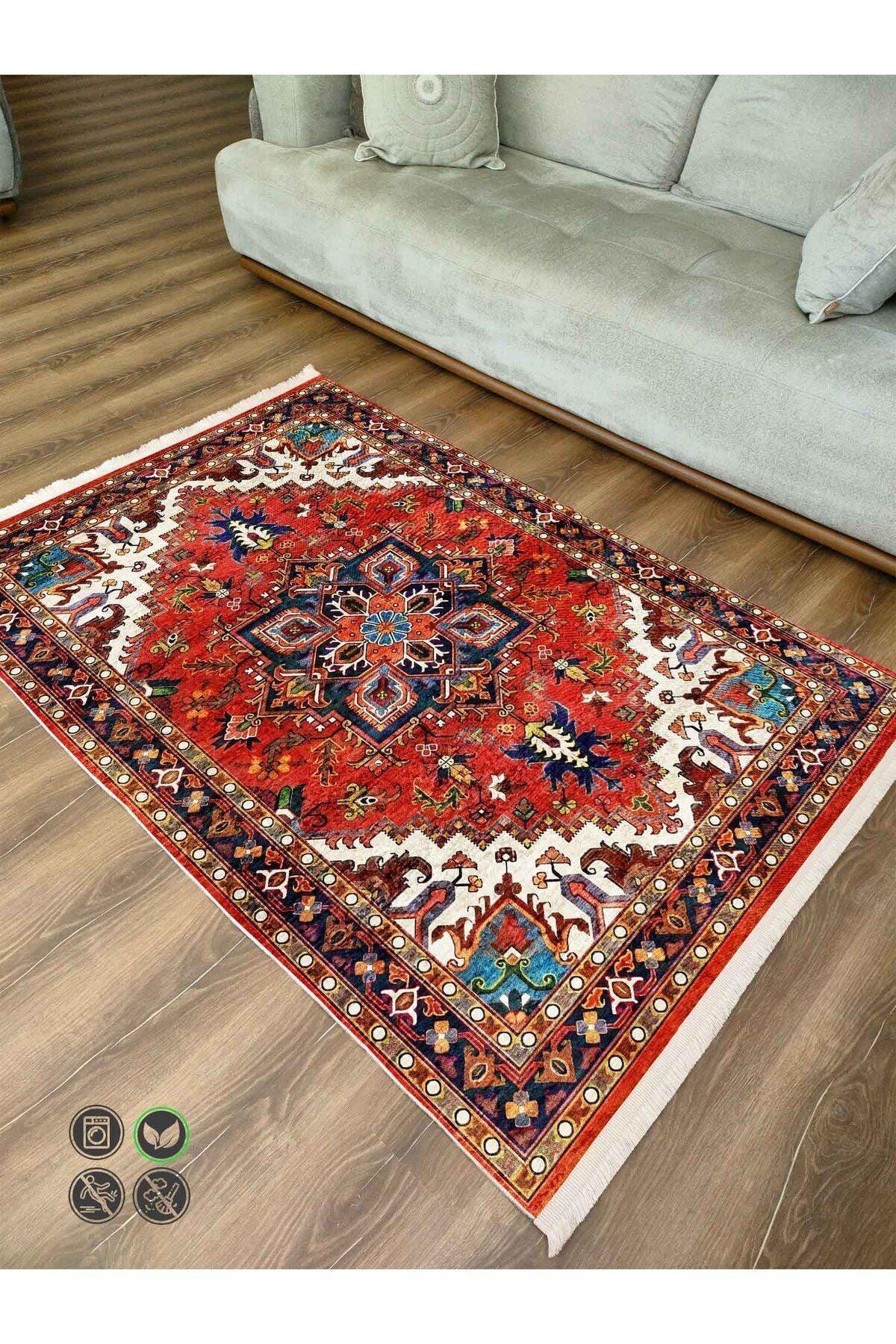 Halı Vagonu Kırmızı Tonlarında Etnik Eskitme Pamuk Dokuma Taban Halı 2253 - HALI VAGONU