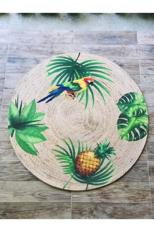 Halı Vagonu Papağan Tropikal Yuvarlak Jüt Örme Hasır Halı/Kilim HV - JH - 08 - HALI VAGONU