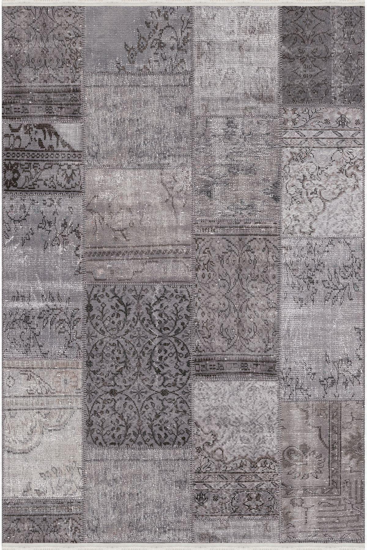 Halı Vagonu Serisi Gri Tonlarında Patchwork Desen Kaymaz Taban Şönil Halı - HALI VAGONU