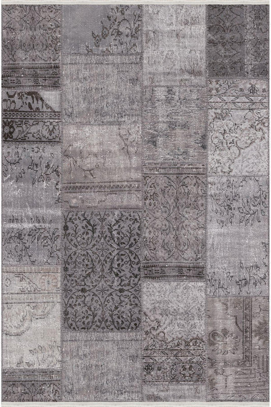 Halı Vagonu Serisi Gri Tonlarında Patchwork Desen Kaymaz Taban Şönil Halı - HALI VAGONU