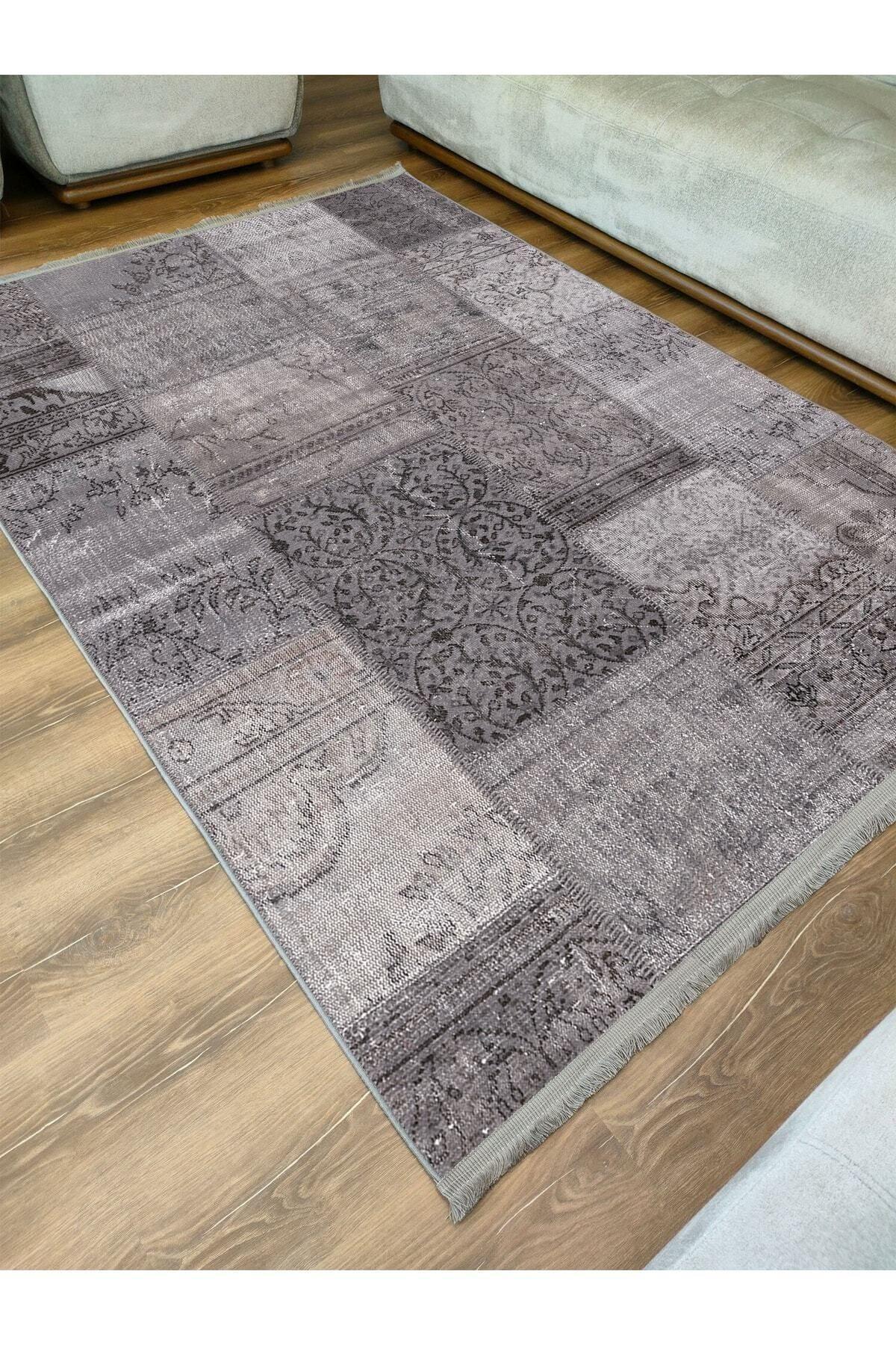 Halı Vagonu Serisi Gri Tonlarında Patchwork Desen Kaymaz Taban Şönil Halı - HALI VAGONU