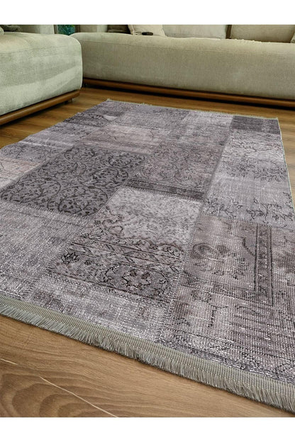 Halı Vagonu Serisi Gri Tonlarında Patchwork Desen Kaymaz Taban Şönil Halı - HALI VAGONU
