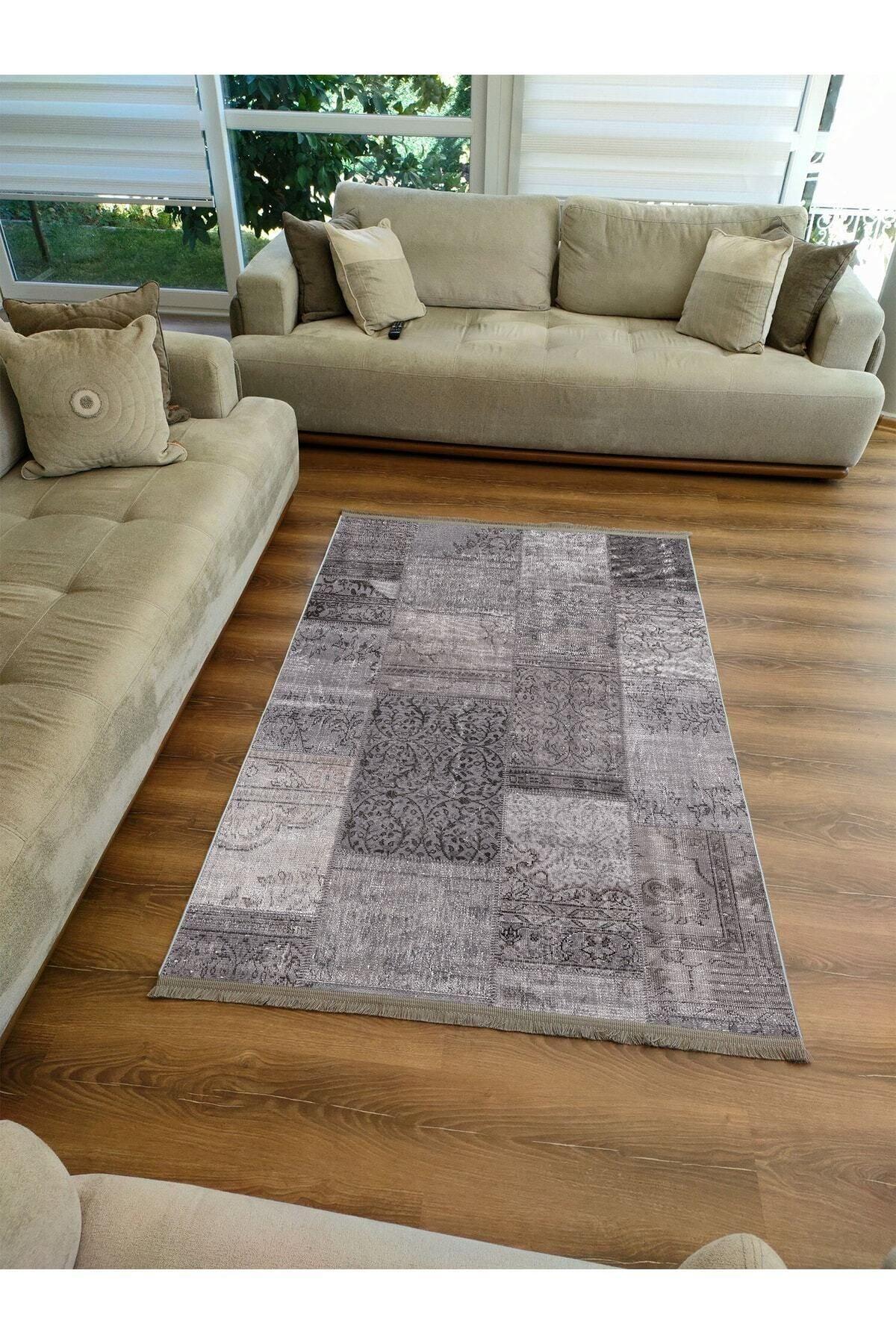 Halı Vagonu Serisi Gri Tonlarında Patchwork Desen Kaymaz Taban Şönil Halı - HALI VAGONU