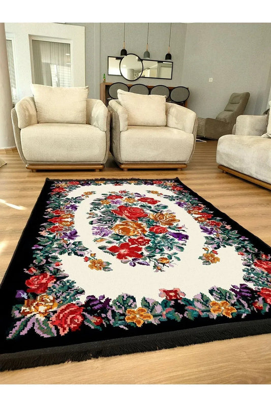 Halı Vagonu Serisi Kahve Tonlarında Çerçeveli Eskitme Geometrik Desen Kaymaz Taban Şönil Halı - HALI VAGONU