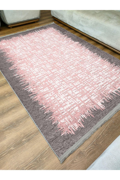 Halı Vagonu Serisi Pembe Tonlarında Çerçeveli Etnik Desen Kaymaz Taban Şönil Halı - HALI VAGONU