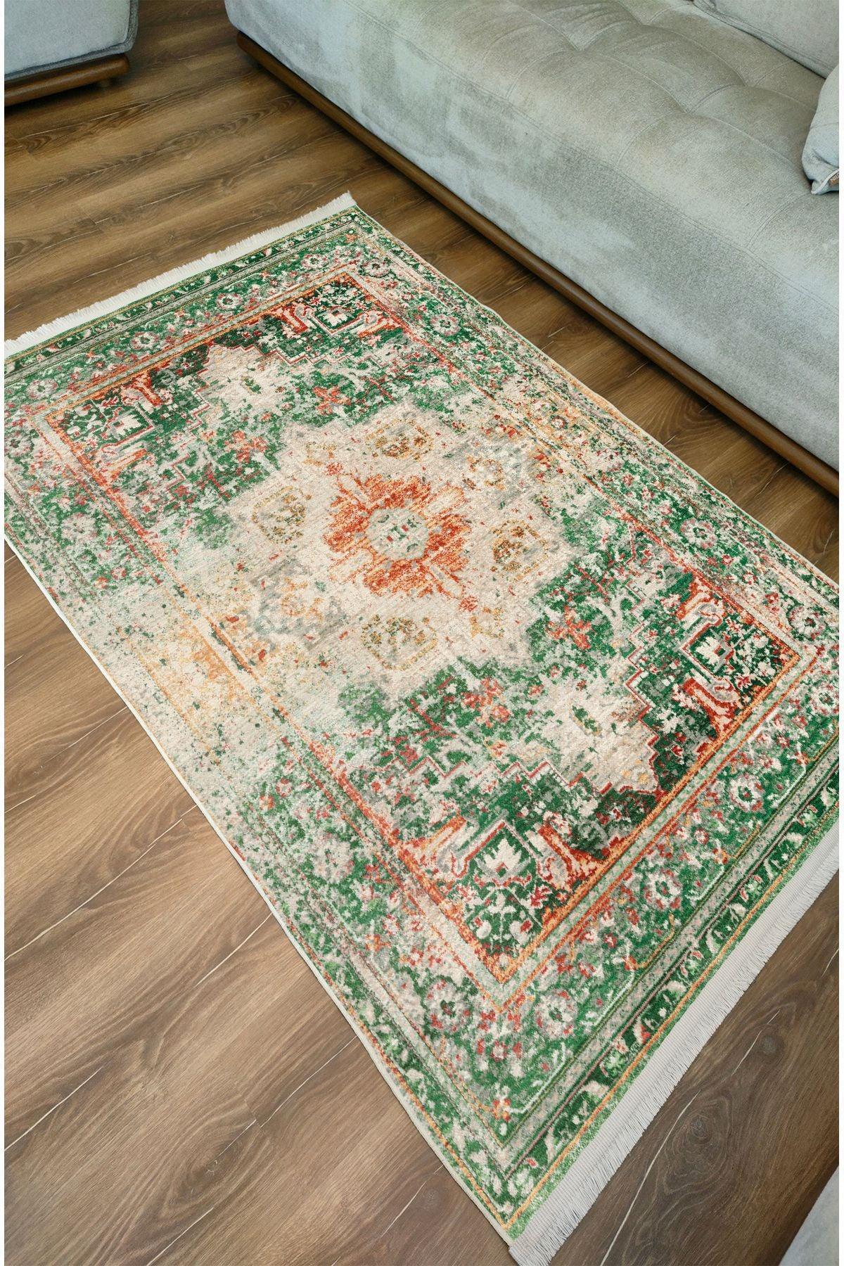 Halı Vagonu Yeşil Tonlarında Etnik Eskitme Pamuk Dokuma Taban Halı E38 - HALI VAGONU