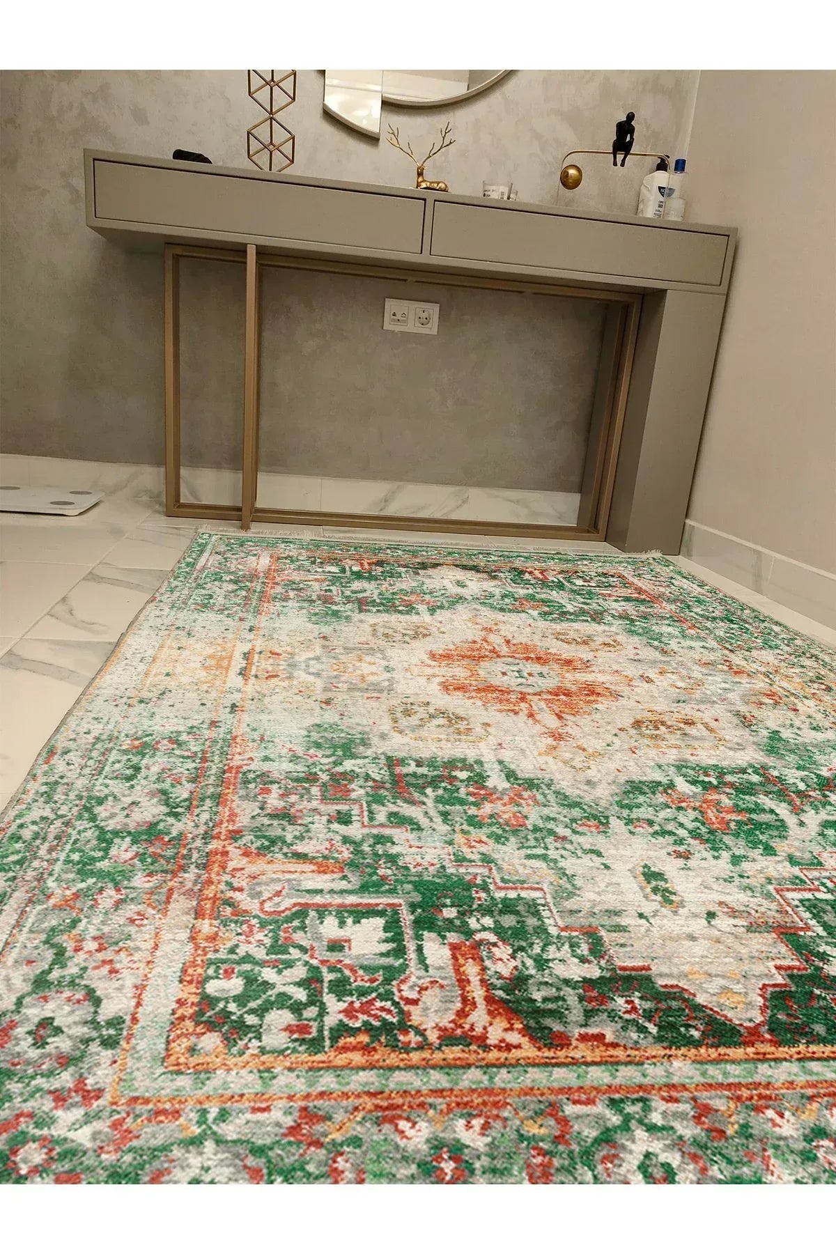 Halı Vagonu Yeşil Tonlarında Etnik Eskitme Pamuk Dokuma Taban Halı E38 - HALI VAGONU
