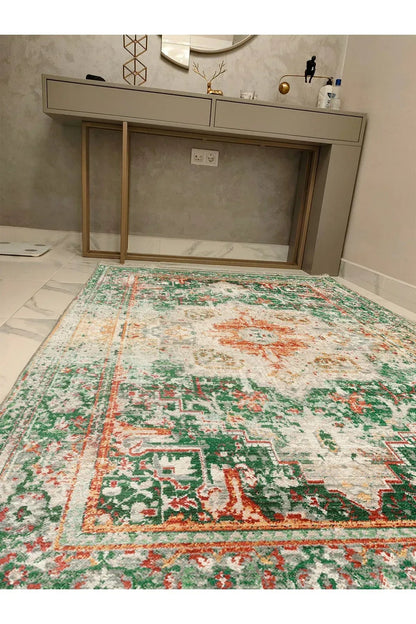Halı Vagonu Yeşil Tonlarında Etnik Eskitme Pamuk Dokuma Taban Halı E38 - HALI VAGONU