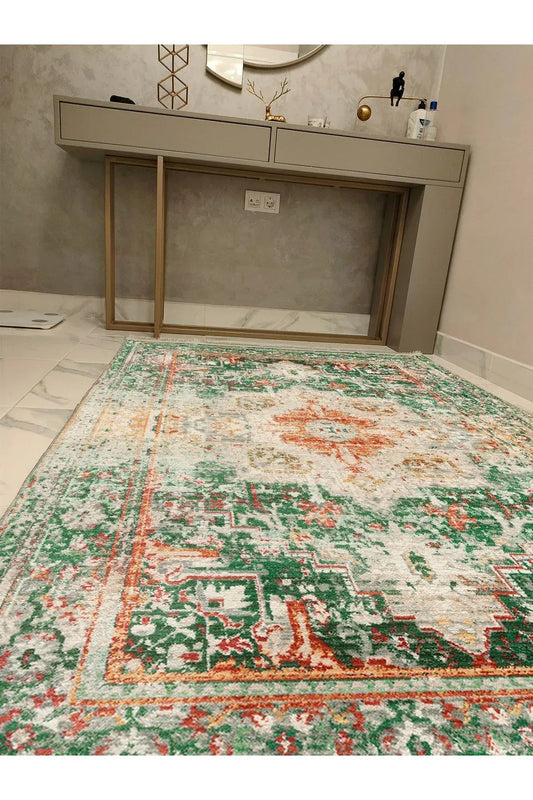Halı Vagonu Yeşil Tonlarında Etnik Eskitme Pamuk Dokuma Taban Halı E38 - HALI VAGONU