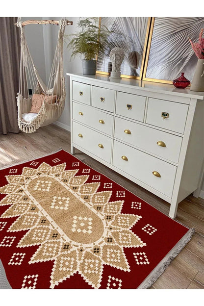 Halı Vagonu107 Kırmızı Tonlarında Klasık Dekoratif Kilim Salon Halısı Saçaklı Yıkanabilen Halı - HALI VAGONU