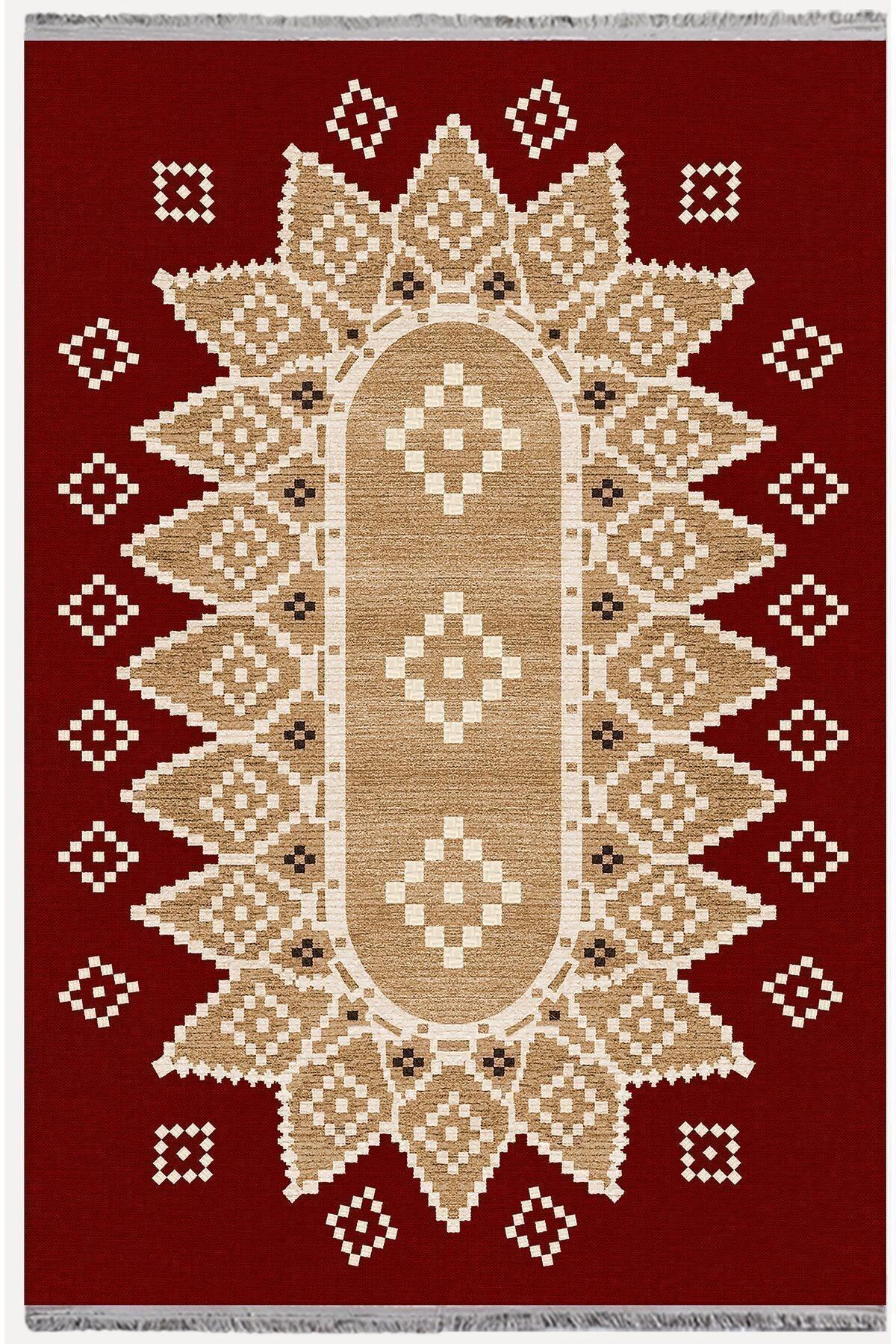 Halı Vagonu107 Kırmızı Tonlarında Klasık Dekoratif Kilim Salon Halısı Saçaklı Yıkanabilen Halı - HALI VAGONU