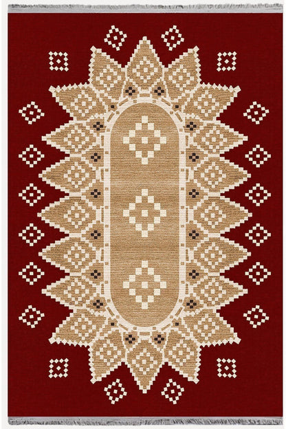 Halı Vagonu107 Kırmızı Tonlarında Klasık Dekoratif Kilim Salon Halısı Saçaklı Yıkanabilen Halı - HALI VAGONU