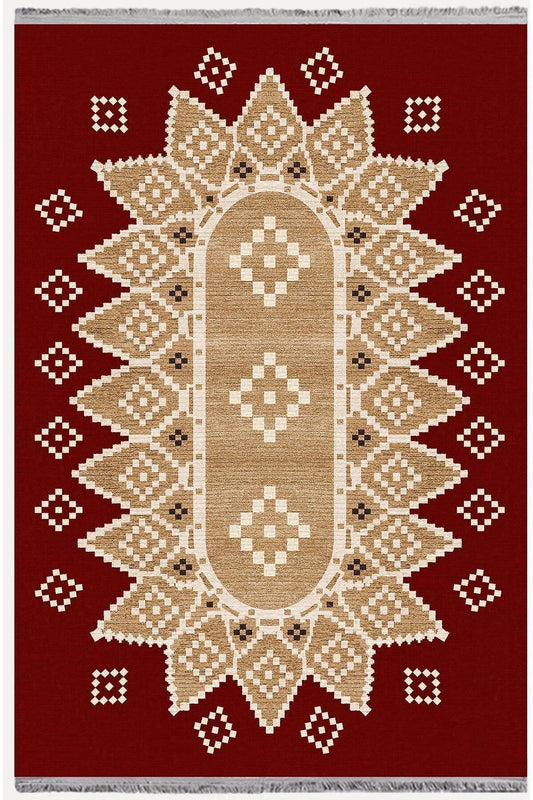 Halı Vagonu107 Kırmızı Tonlarında Klasık Dekoratif Kilim Salon Halısı Saçaklı Yıkanabilen Halı - HALI VAGONU