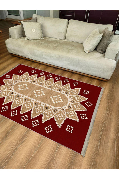 Halı Vagonu107 Kırmızı Tonlarında Klasık Dekoratif Kilim Salon Halısı Saçaklı Yıkanabilen Halı - HALI VAGONU