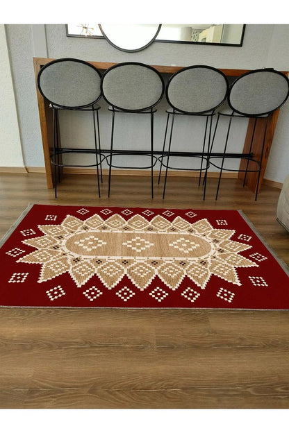 Halı Vagonu107 Kırmızı Tonlarında Klasık Dekoratif Kilim Salon Halısı Saçaklı Yıkanabilen Halı - HALI VAGONU
